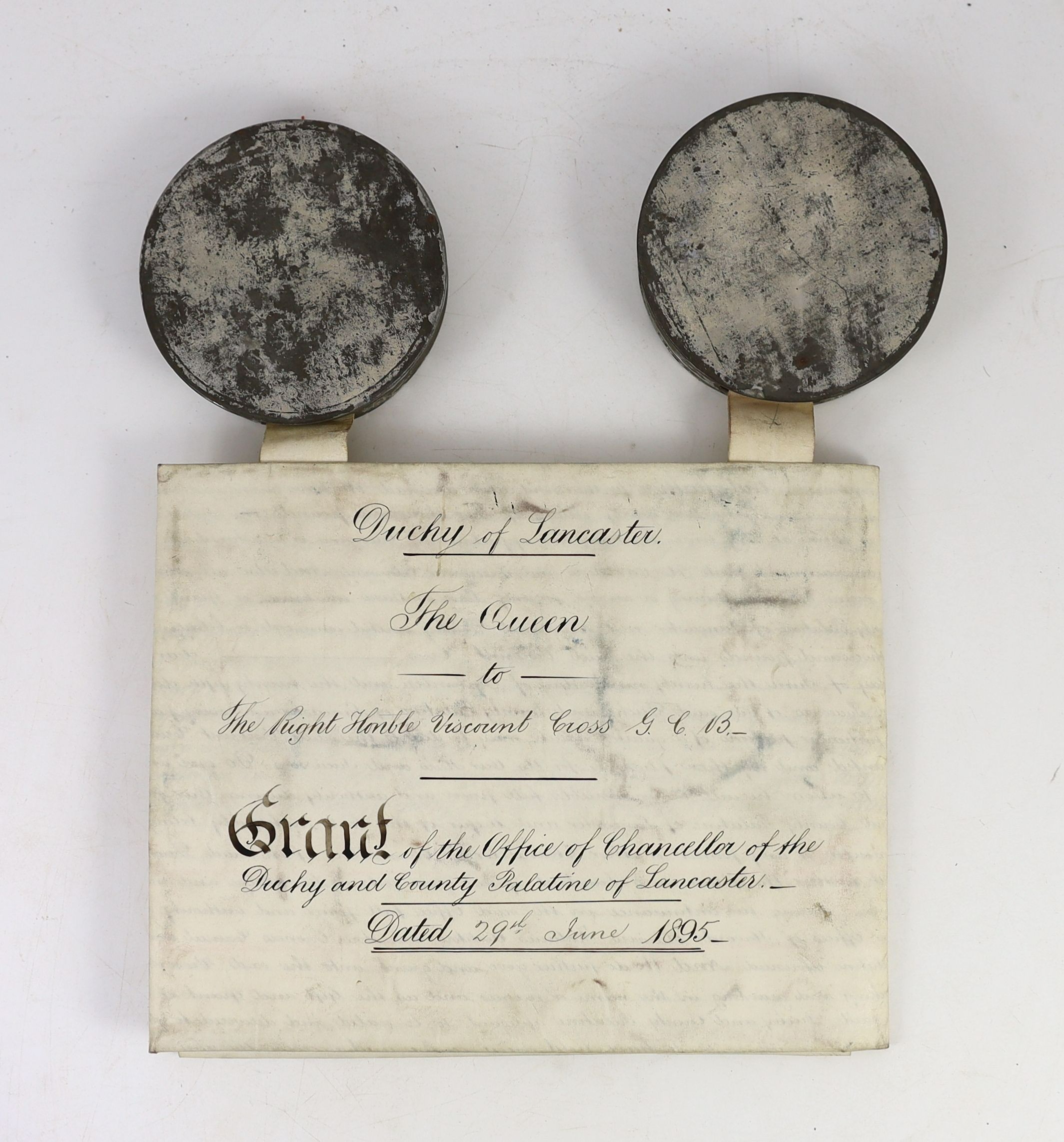 Queen Victoria interest. Letters patent appointing Viscount Richard Cross to the office of Chancellor of the Duchy of Lancaster in 1895.